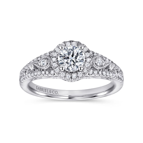 Vintage Inspired 14K White Gold Round Halo Diamond Engagement Ring