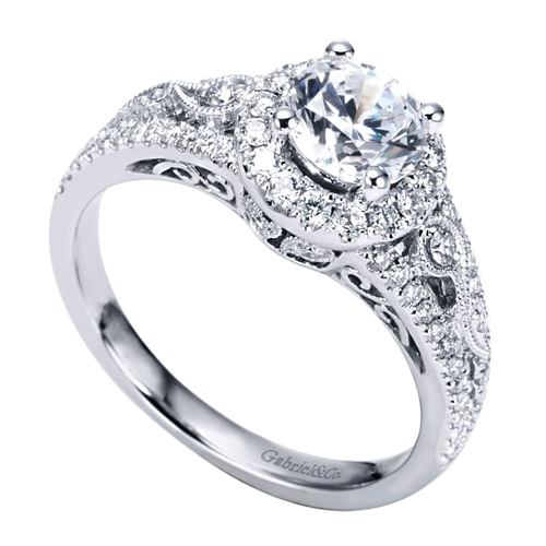 Vintage Inspired 14K White Gold Round Halo Diamond Engagement Ring