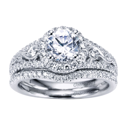 Vintage Inspired 14K White Gold Round Halo Diamond Engagement Ring