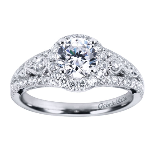 Vintage Inspired 14K White Gold Round Halo Diamond Engagement Ring
