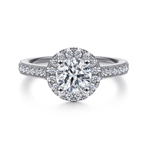Vintage Inspired 14K White Gold Round Halo Diamond Engagement Ring