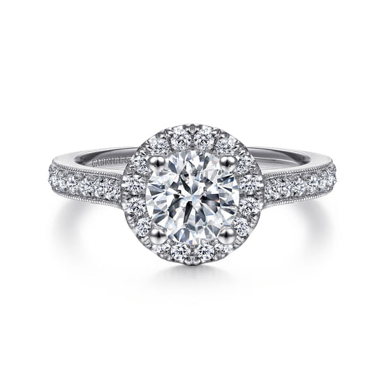 Gabriel - Vintage Inspired 14K White Gold Round Halo Diamond Engagement Ring
