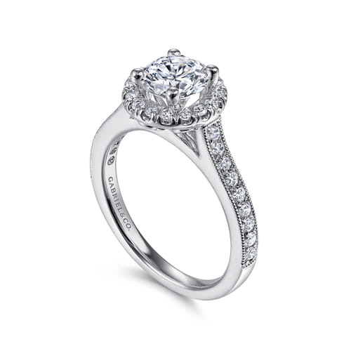 Vintage Inspired 14K White Gold Round Halo Diamond Engagement Ring