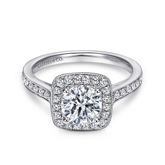 Gabriel - Vintage Inspired 14K White Gold Round Halo Diamond Engagement Ring