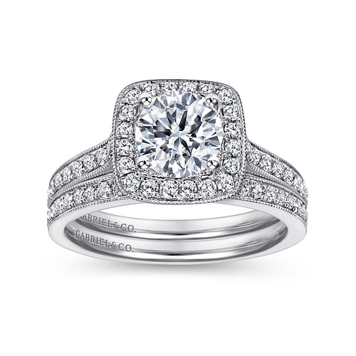 Vintage Inspired 14K White Gold Round Halo Diamond Engagement Ring