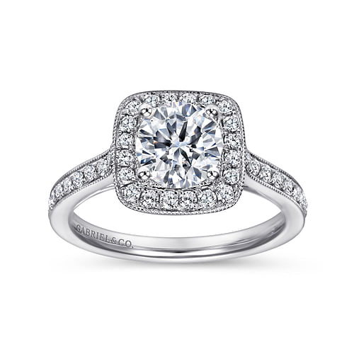 Vintage Inspired 14K White Gold Round Halo Diamond Engagement Ring