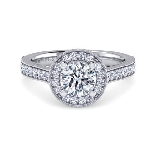 Vintage Inspired 14K White Gold Round Halo Diamond Engagement Ring