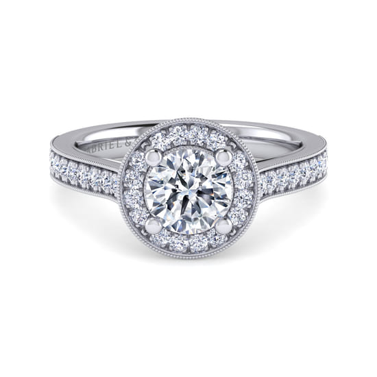 Gabriel - Vintage Inspired 14K White Gold Round Halo Diamond Engagement Ring