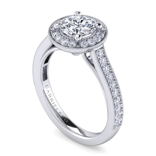 Vintage Inspired 14K White Gold Round Halo Diamond Engagement Ring