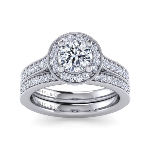 Vintage Inspired 14K White Gold Round Halo Diamond Engagement Ring