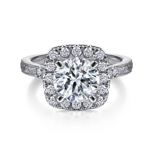 Vintage Inspired 14K White Gold Round Halo Diamond Engagement Ring