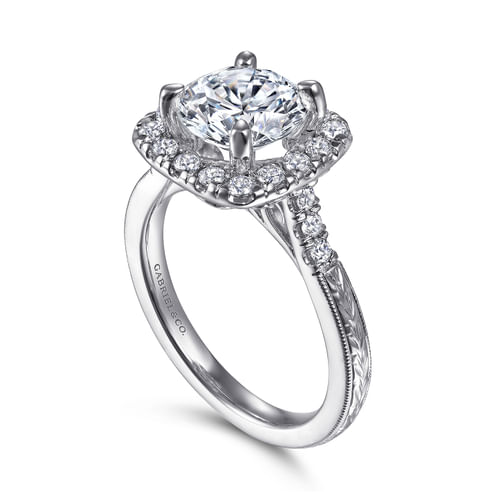 Vintage Inspired 14K White Gold Round Halo Diamond Engagement Ring