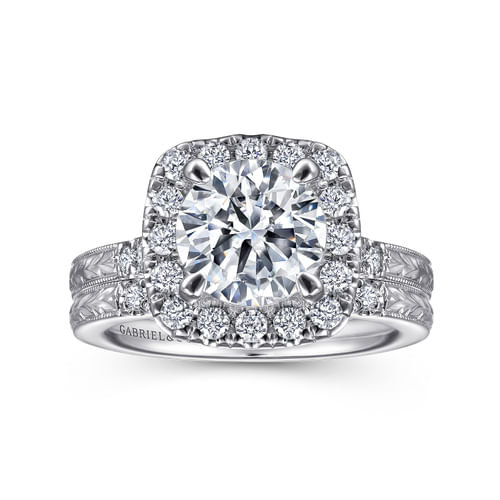 Vintage Inspired 14K White Gold Round Halo Diamond Engagement Ring