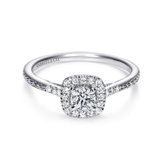 Gabriel - Vintage Inspired 14K White Gold Round Halo Diamond Engagement Ring