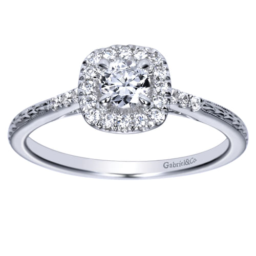 Vintage Inspired 14K White Gold Round Halo Diamond Engagement Ring