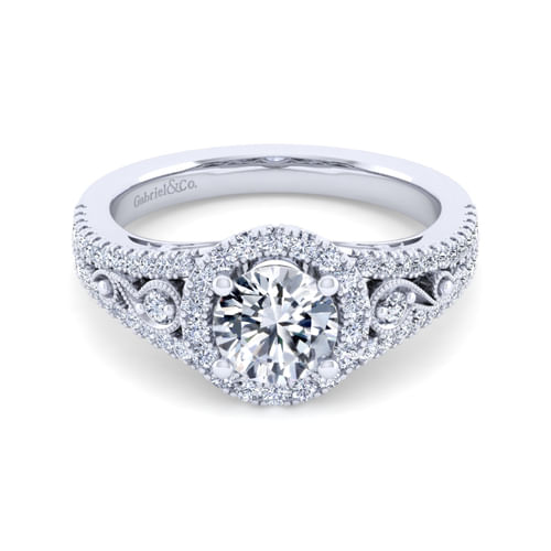 Vintage Inspired 14K White Gold Round Halo Diamond Engagement Ring