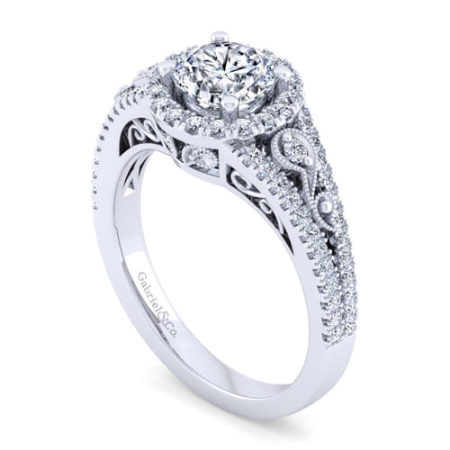 Vintage Inspired 14K White Gold Round Halo Diamond Engagement Ring
