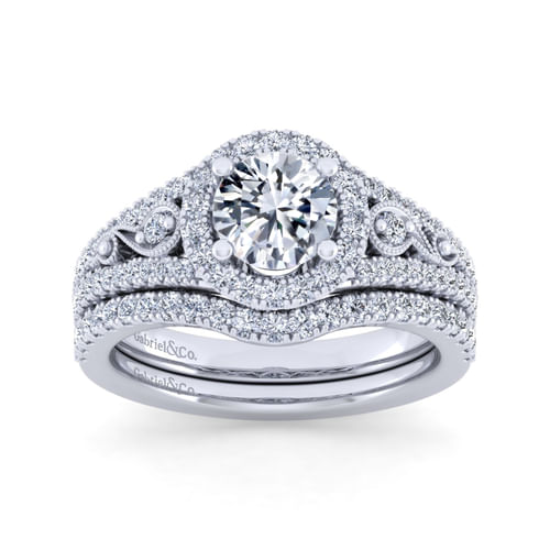 Vintage Inspired 14K White Gold Round Halo Diamond Engagement Ring
