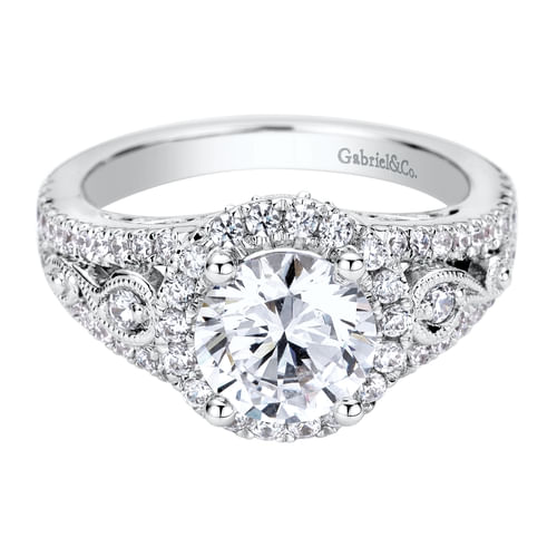 Vintage Inspired 14K White Gold Round Halo Diamond Engagement Ring