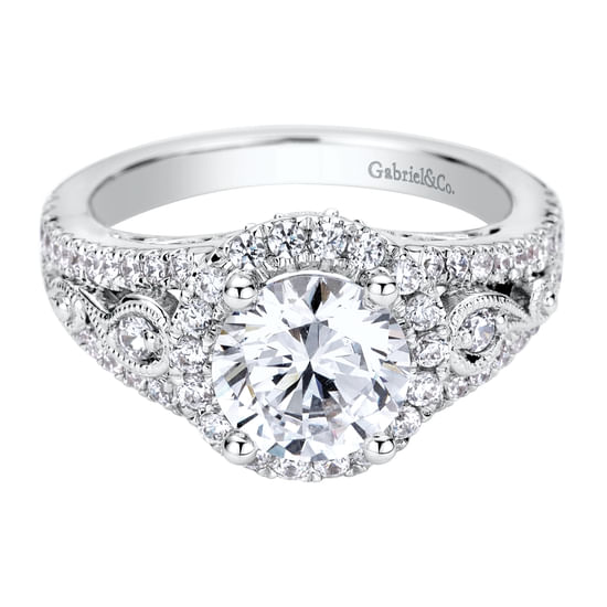 Gabriel - Vintage Inspired 14K White Gold Round Halo Diamond Engagement Ring