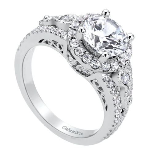 Vintage Inspired 14K White Gold Round Halo Diamond Engagement Ring