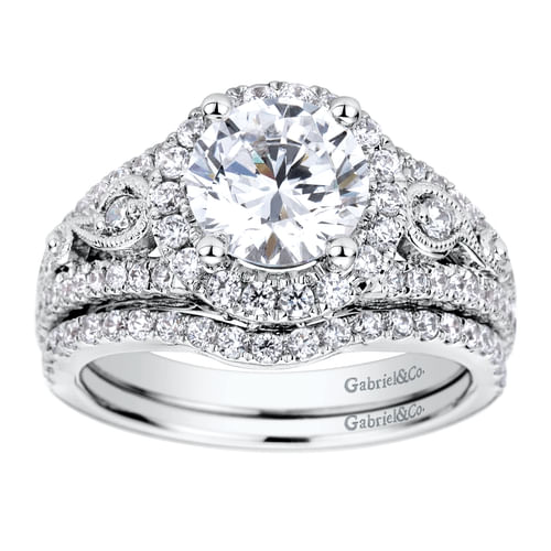 Vintage Inspired 14K White Gold Round Halo Diamond Engagement Ring
