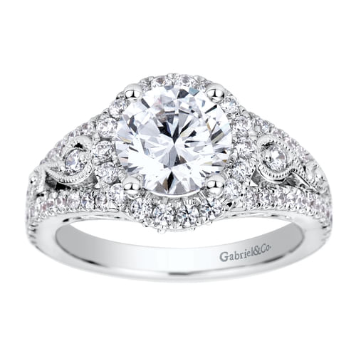 Vintage Inspired 14K White Gold Round Halo Diamond Engagement Ring