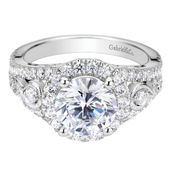 Gabriel - Vintage Inspired 14K White Gold Round Halo Diamond Engagement Ring