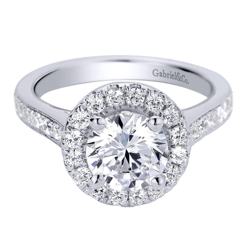 Vintage Inspired 14K White Gold Round Halo Diamond Engagement Ring