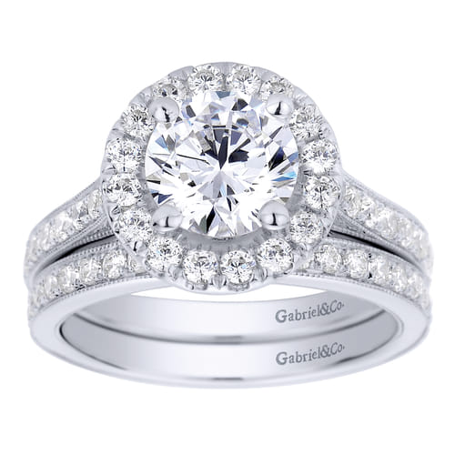 Vintage Inspired 14K White Gold Round Halo Diamond Engagement Ring