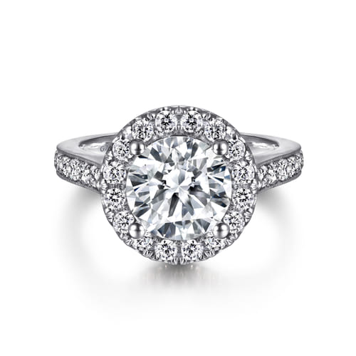 Vintage Inspired 14K White Gold Round Halo Diamond Engagement Ring
