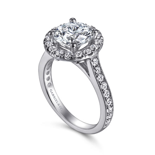 Vintage Inspired 14K White Gold Round Halo Diamond Engagement Ring