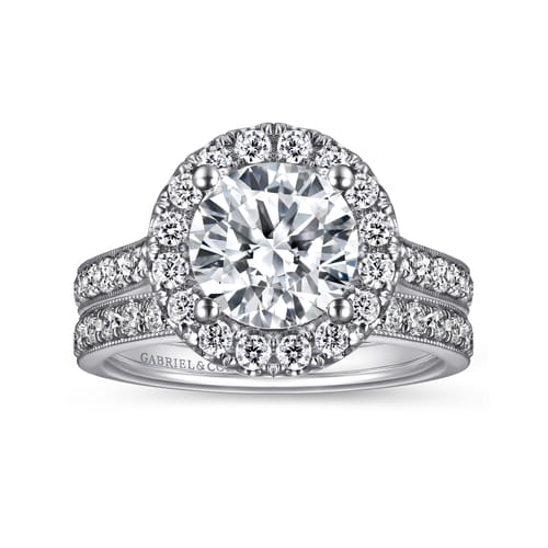 Vintage Inspired 14K White Gold Round Halo Diamond Engagement Ring
