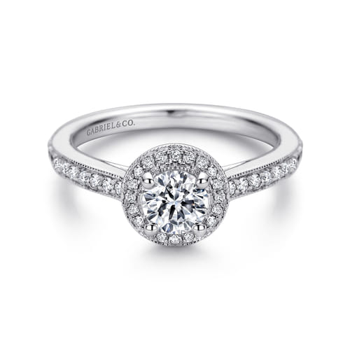 Vintage Inspired 14K White Gold Round Halo Diamond Engagement Ring