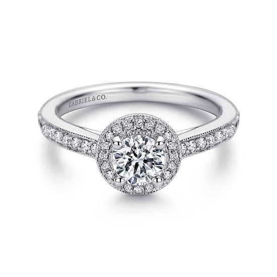 Gabriel - Vintage Inspired 14K White Gold Round Halo Diamond Engagement Ring