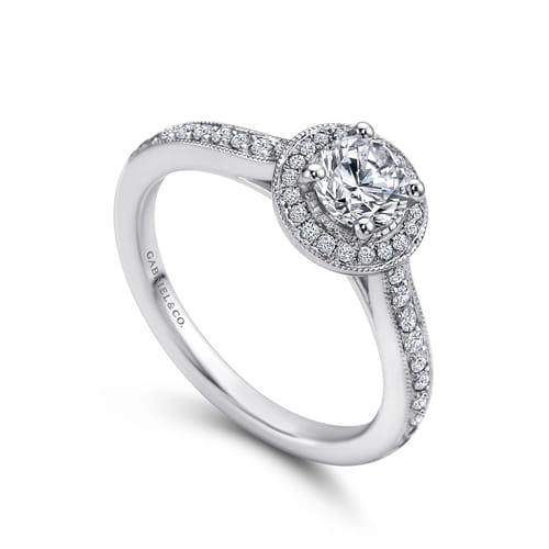 Vintage Inspired 14K White Gold Round Halo Diamond Engagement Ring