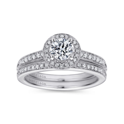 Vintage Inspired 14K White Gold Round Halo Diamond Engagement Ring