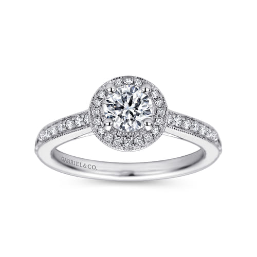 Vintage Inspired 14K White Gold Round Halo Diamond Engagement Ring