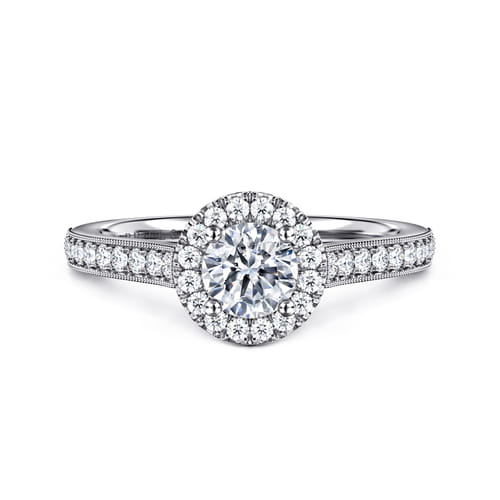 Vintage Inspired 14K White Gold Round Halo Diamond Engagement Ring