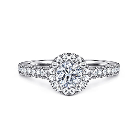 Gabriel - Vintage Inspired 14K White Gold Round Halo Diamond Engagement Ring