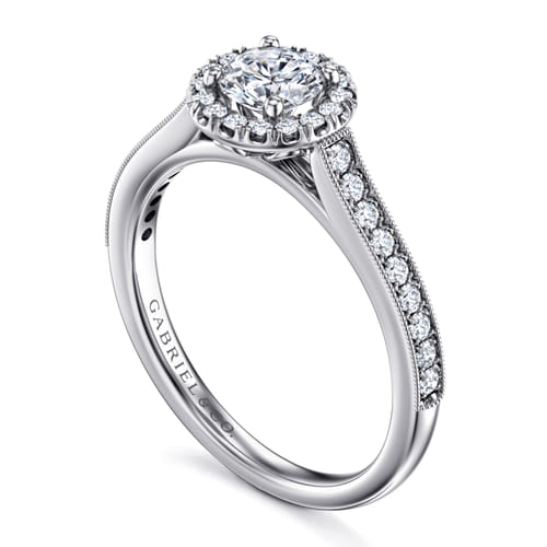 Vintage Inspired 14K White Gold Round Halo Diamond Engagement Ring
