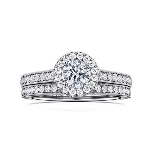 Vintage Inspired 14K White Gold Round Halo Diamond Engagement Ring