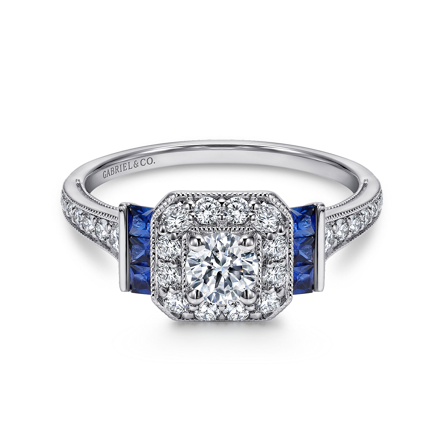 Gabriel - Vintage Inspired 14K White Gold Round Halo Sapphire and Diamond Channel Set Engagement Ring