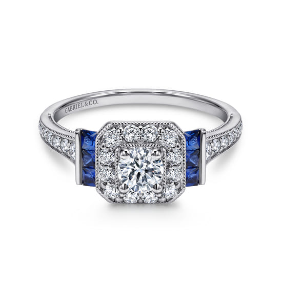 Gabriel - Vintage Inspired 14K White Gold Round Halo Sapphire and Diamond Channel Set Engagement Ring Gabriel - Vintage Inspired 14K White Gold Round Halo Sapphire and Diamond Channel Set Engagement Ring