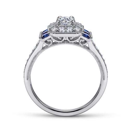 Vintage Inspired 14K White Gold Round Halo Sapphire and Diamond Channel Set Engagement Ring