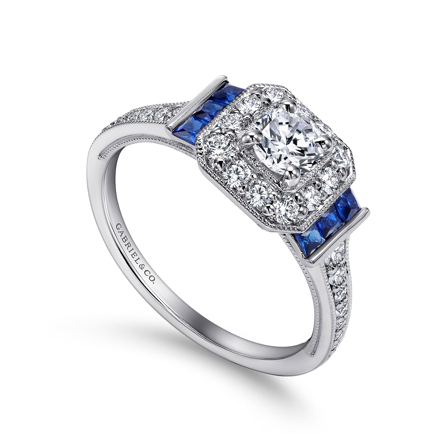 Vintage Inspired 14K White Gold Round Halo Sapphire and Diamond Channel Set Engagement Ring