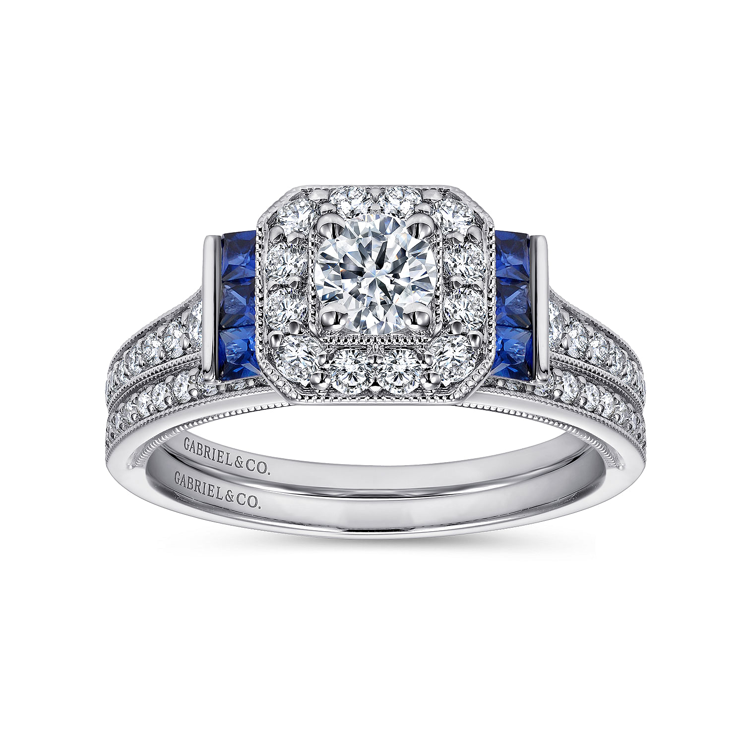 Vintage Inspired 14K White Gold Round Halo Sapphire and Diamond Channel Set Engagement Ring