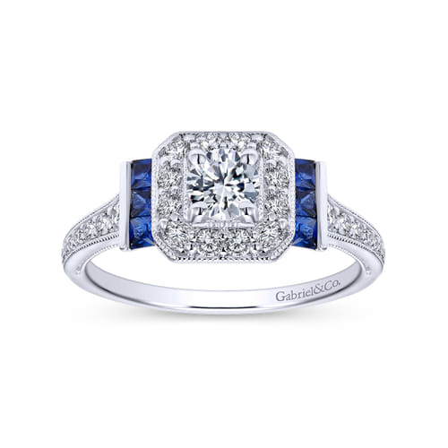 Vintage Inspired 14K White Gold Round Halo Sapphire and Diamond Channel Set Engagement Ring