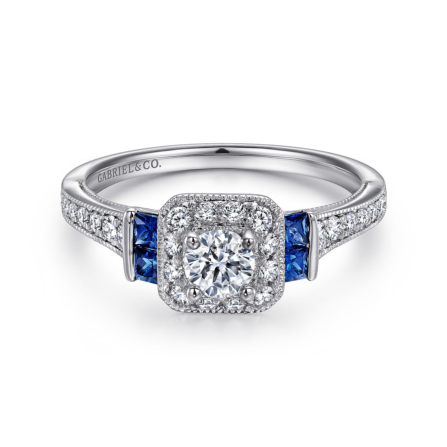 Gabriel - Vintage Inspired 14K White Gold Round Halo Sapphire and Diamond Complete Channel Set Engagement Ring