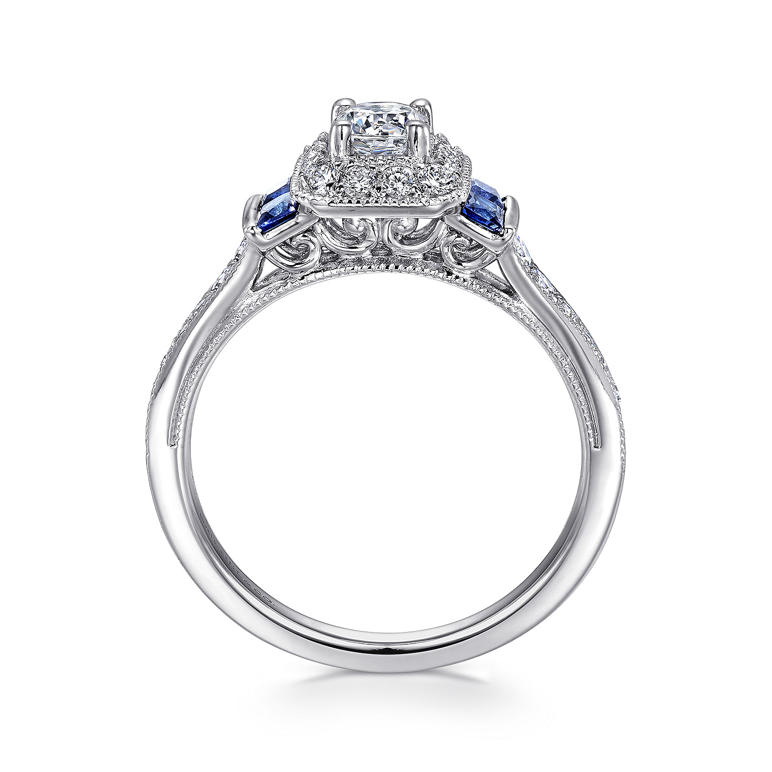 Vintage Inspired 14K White Gold Round Halo Sapphire and Diamond Complete Channel Set Engagement Ring